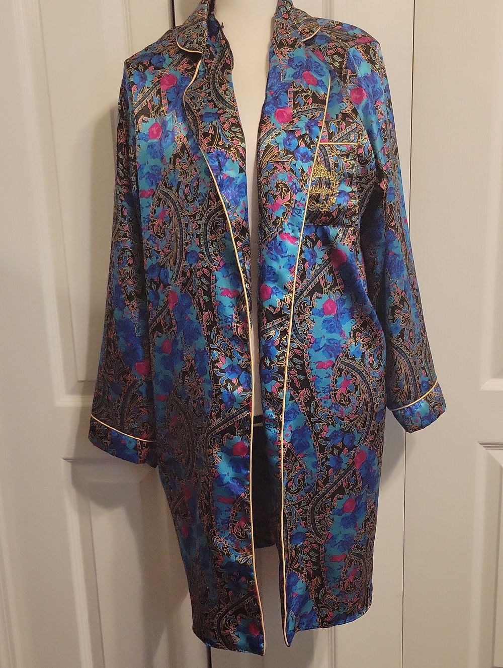 Adolfo Multicolor Paisley Satin Open Robe/sleepshir with Gold Accents Size Large